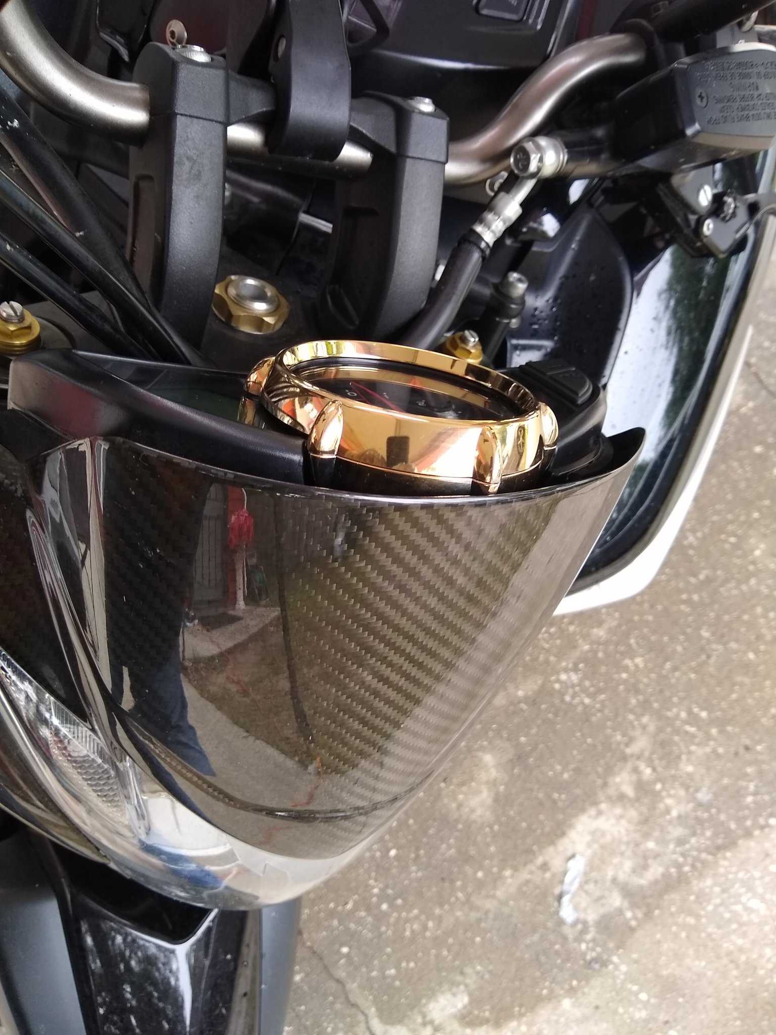 ChromeKarats gold plating work — Gold Motorcycle Tach Bezel — Engine Bay